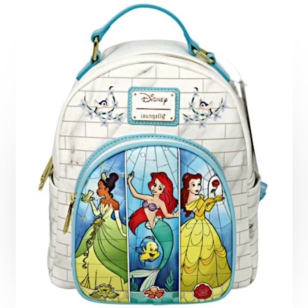 Loungefly Mini Backpack - Disney Tiana, Ariel, Belle Princesses Stained Glass